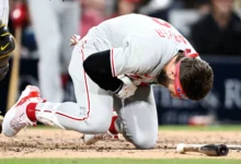 Photo of Bryce Harper Fractures Left Thumb on Hit by Pitch vs Padres