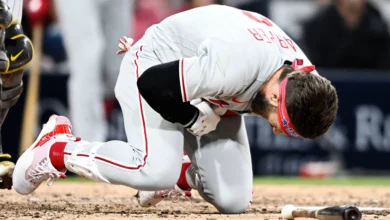 Photo of Bryce Harper Fractures Left Thumb on Hit by Pitch vs Padres