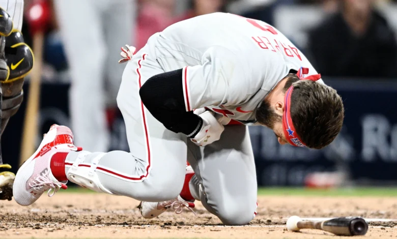 "Bryce Harper fractures left thumb on hit by pitch vs Padres"